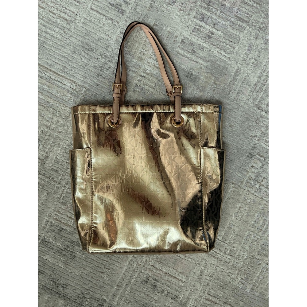 Michael Kors MK Signature Tote Bag Metallic Gold Shopper Purse Handbag